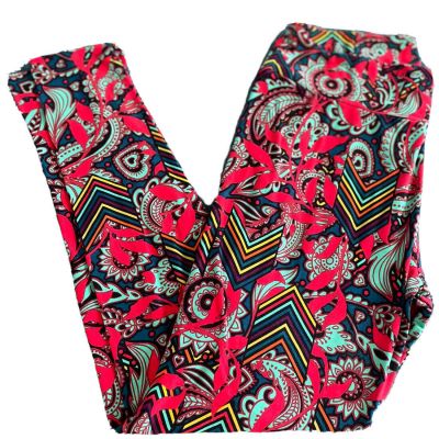 LuLaRoe TC Leggings -Bright Red Turquoise Paisley Geometric Design Leaves VGC